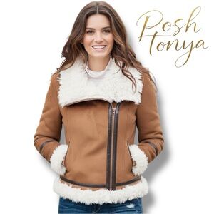 NWOT Donna Salyers Faux Shearling Moto Jacket Brown Cream Size S Winter Chic
